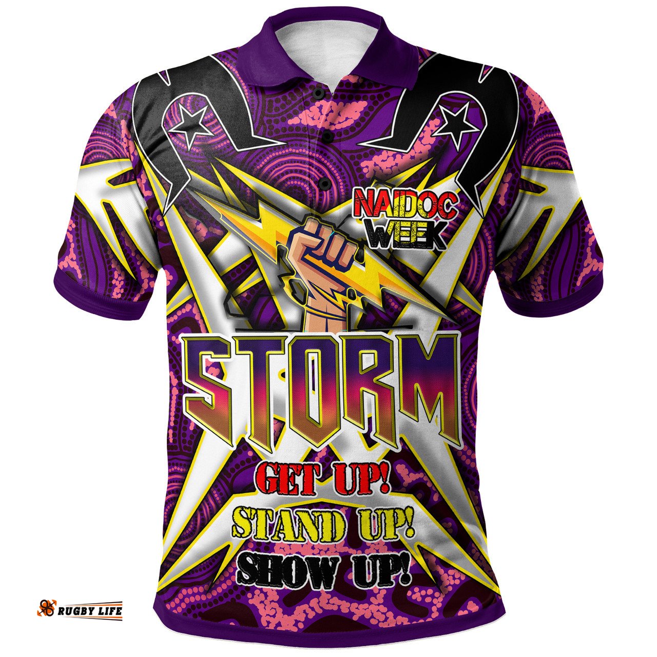 Amazing Aussie Melbourne Storm Custom Naidoc Week Melbourne Storm Hand Thunder With Aboriginal Inspired Pattern ''Get up, Stand Up, Show Up'' Polo Shirt