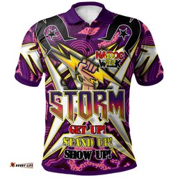 Amazing Aussie Melbourne Storm Custom Naidoc Week Melbourne Storm Hand Thunder With Aboriginal Inspired Pattern ''Get up, Stand Up, Show Up'' Polo Shirt