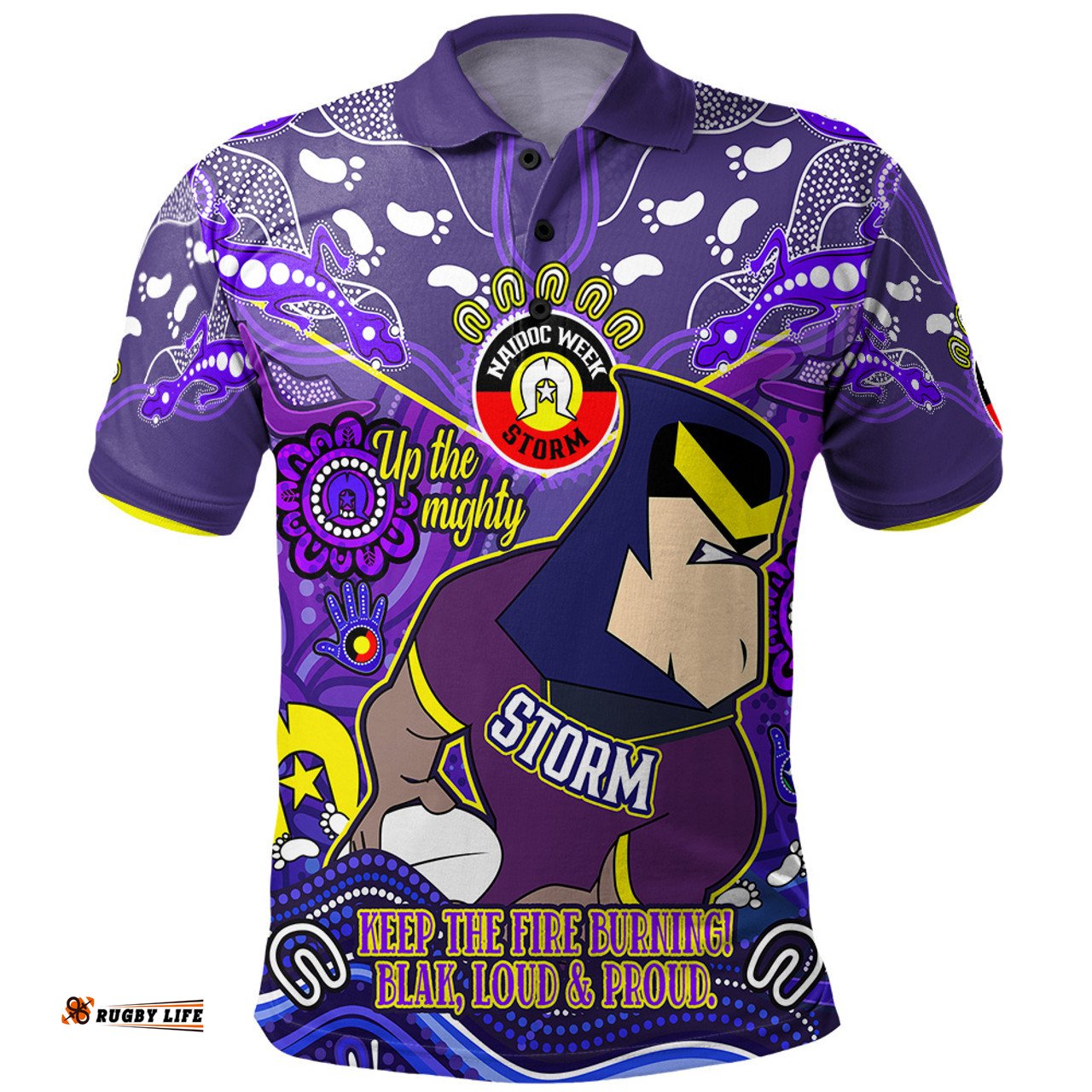 Amazing Aussie Melbourne Storm Custom Naidoc Keep the Fire Burning! Blak, Loud & Proud Home Jersey Polo Shirt