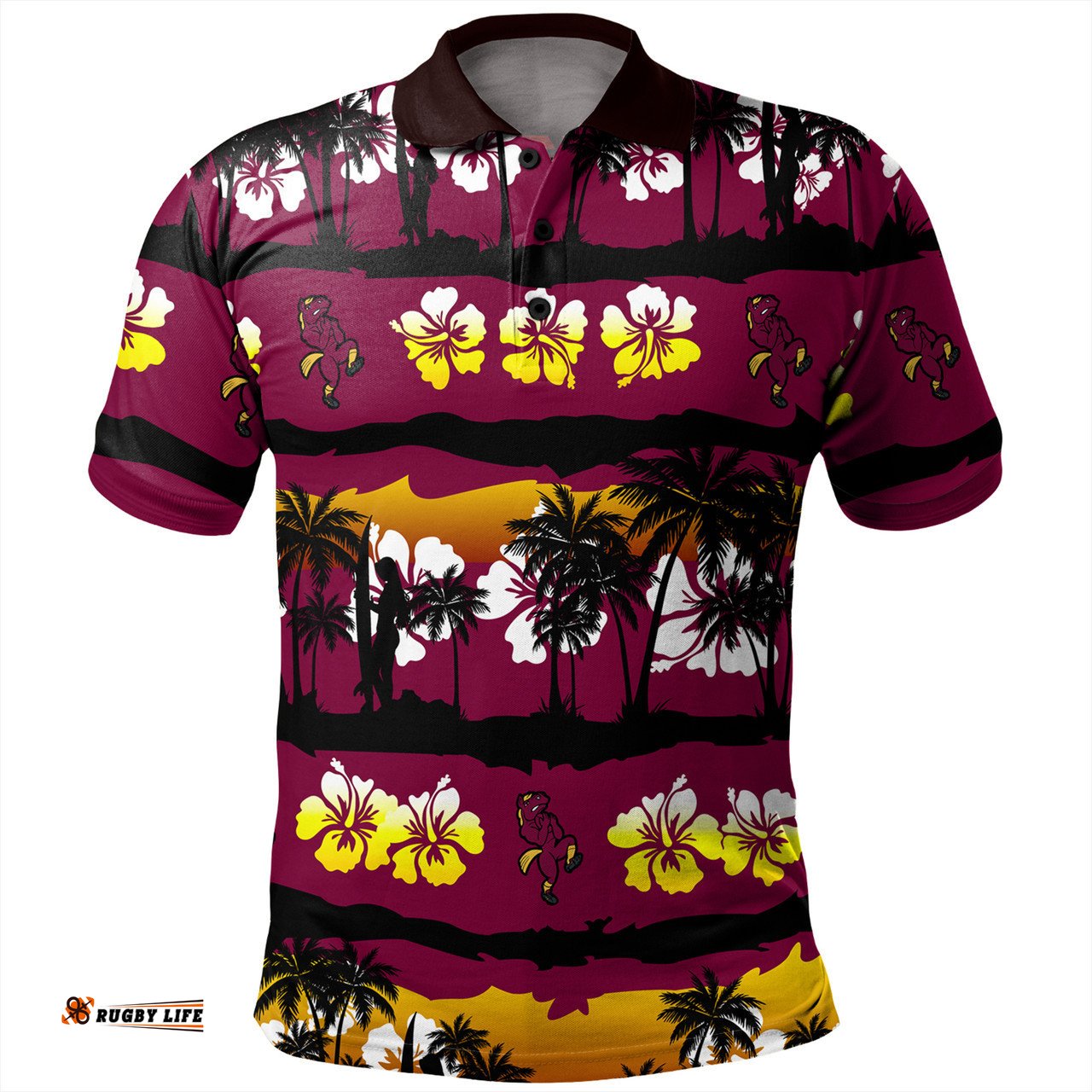 Amazing Aussie Brisbane Broncos Tropical Hibiscus and Coconut Trees Polo Shirt