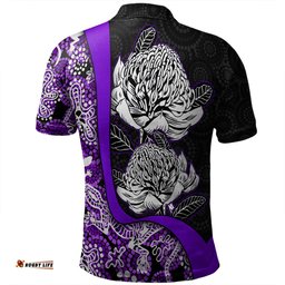 Amazing Aussie Australia Warratah Goanna Aboriginal Waratah Flowers With Purple Lizards, Stones, Sand Dot Art Painting Inspired Polo Shirt
