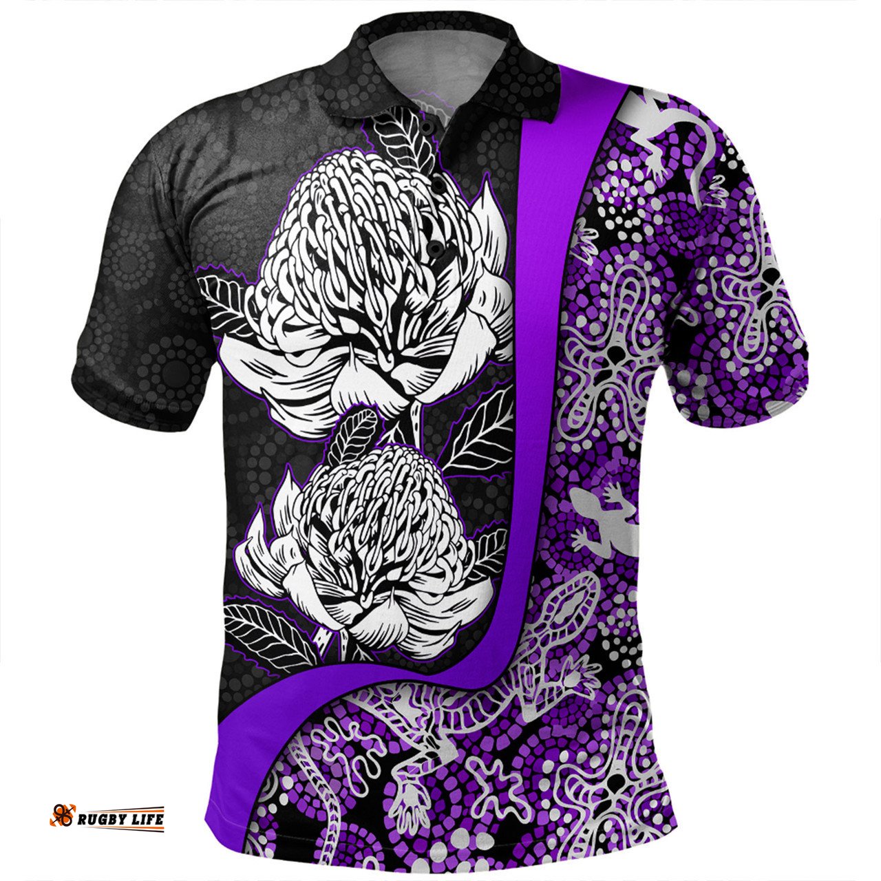 Amazing Aussie Australia Warratah Goanna Aboriginal Waratah Flowers With Purple Lizards, Stones, Sand Dot Art Painting Inspired Polo Shirt