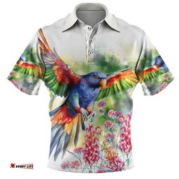 Amazing Aussie Australia Rainbow Lorikeets Rainbow Lorikeets Flying With Grevillea Flowers Art Polo Shirt
