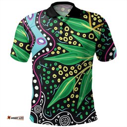 Amazing Aussie Australia Wattle Leaves Aboriginal Dot Art And Wattle Leaves Polo Shirt