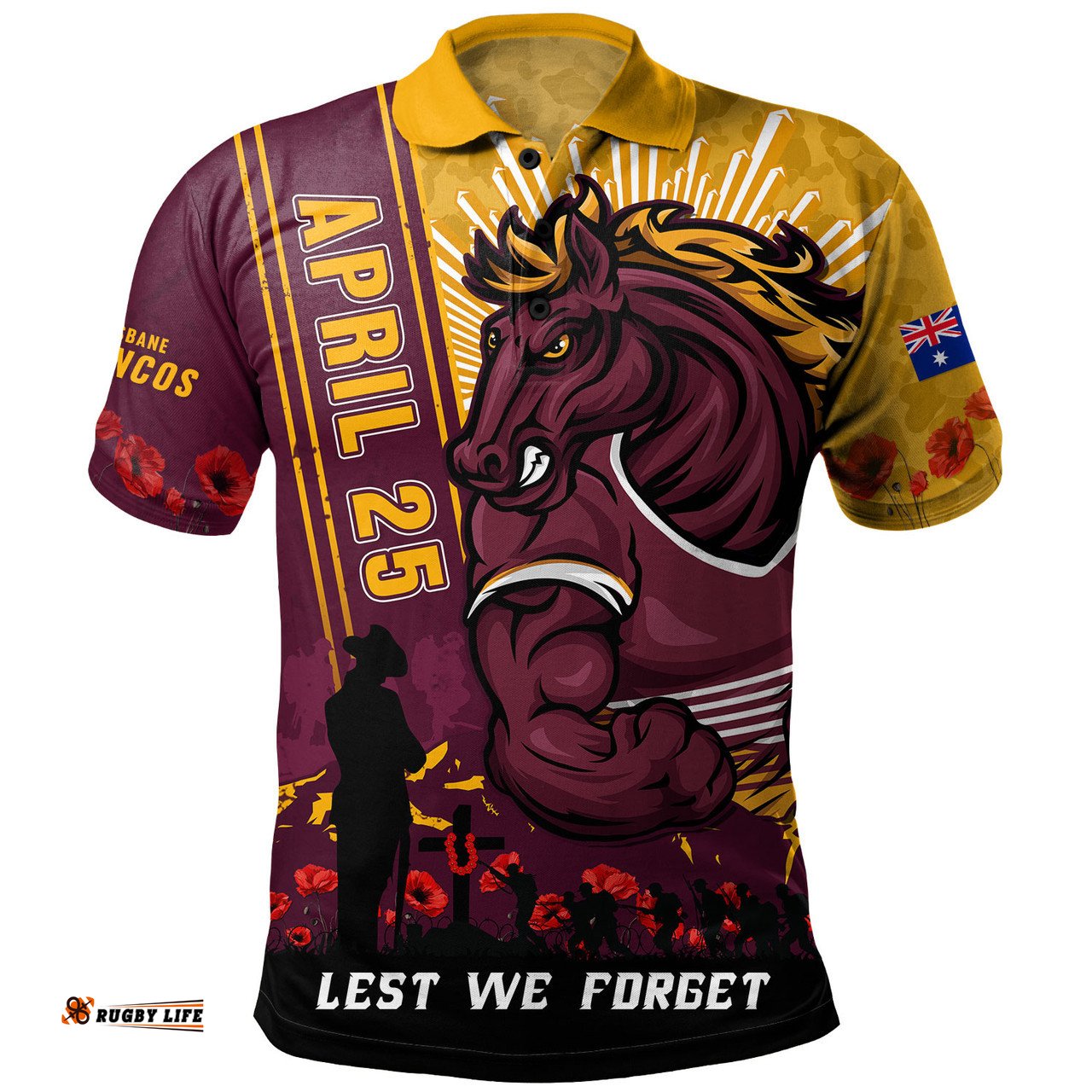 Amazing Aussie Brisbane Broncos Anzac Day Lest We Forget Strong Fighting Spirit Polo Shirt
