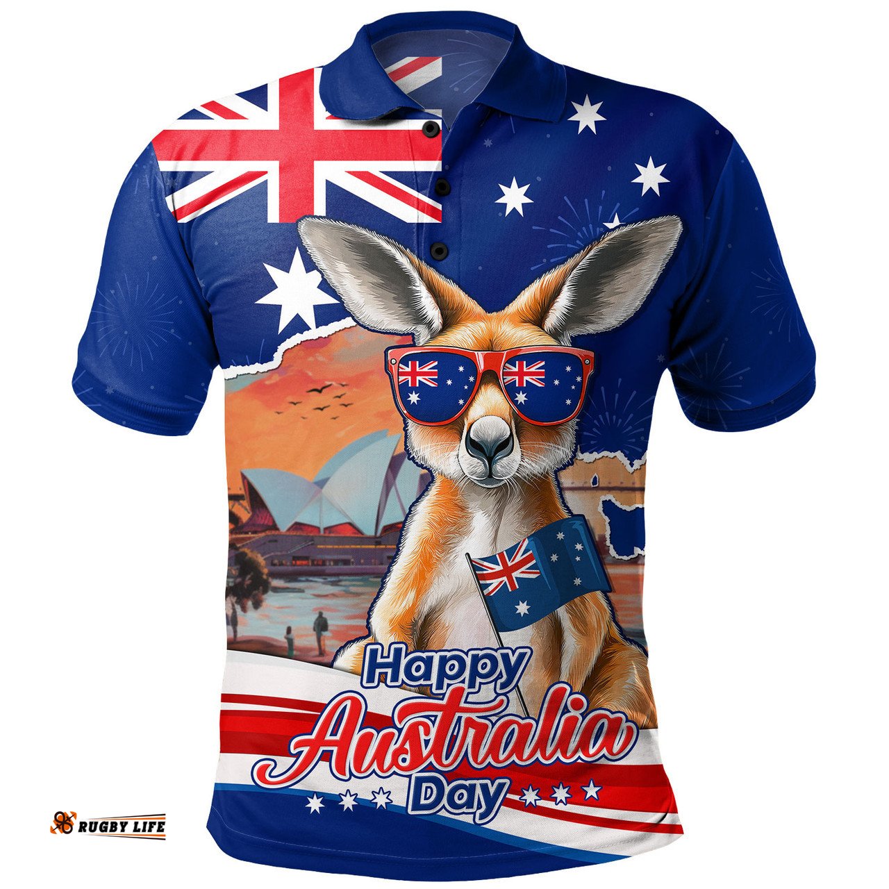 Amazing Aussie Australia Happy Australia Day Kangaroo With Sydney Opera House At Sunset Polo Shirt