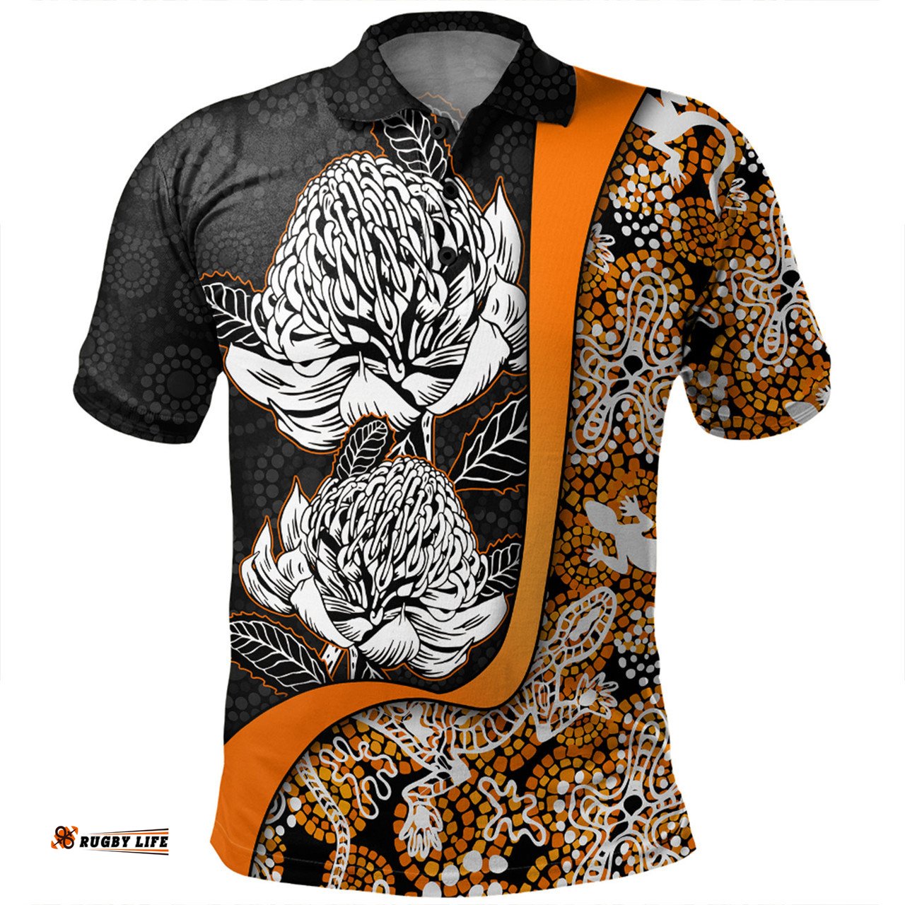 Amazing Aussie Australia Warratah Goanna Aboriginal Waratah Flowers With Orange Lizards, Stones, Sand Dot Art Painting Inspired Polo Shirt