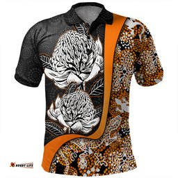 Amazing Aussie Australia Warratah Goanna Aboriginal Waratah Flowers With Orange Lizards, Stones, Sand Dot Art Painting Inspired Polo Shirt