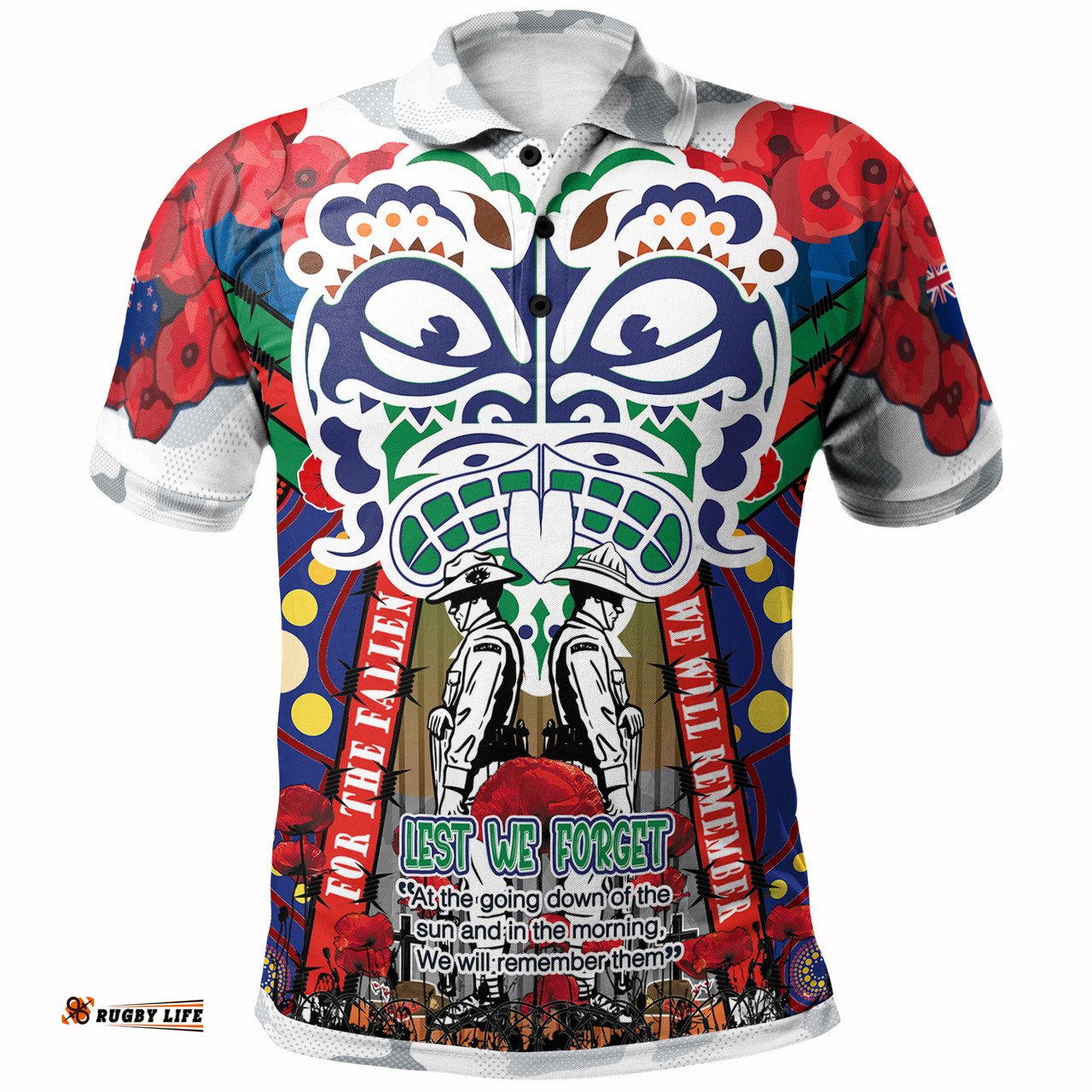 Amazing Aussie New Zealand Warriors Anzac Watercolor Custom Remembrance Anzac Day With Maori Tiki Mask And Poppy Flower Polo Shirt