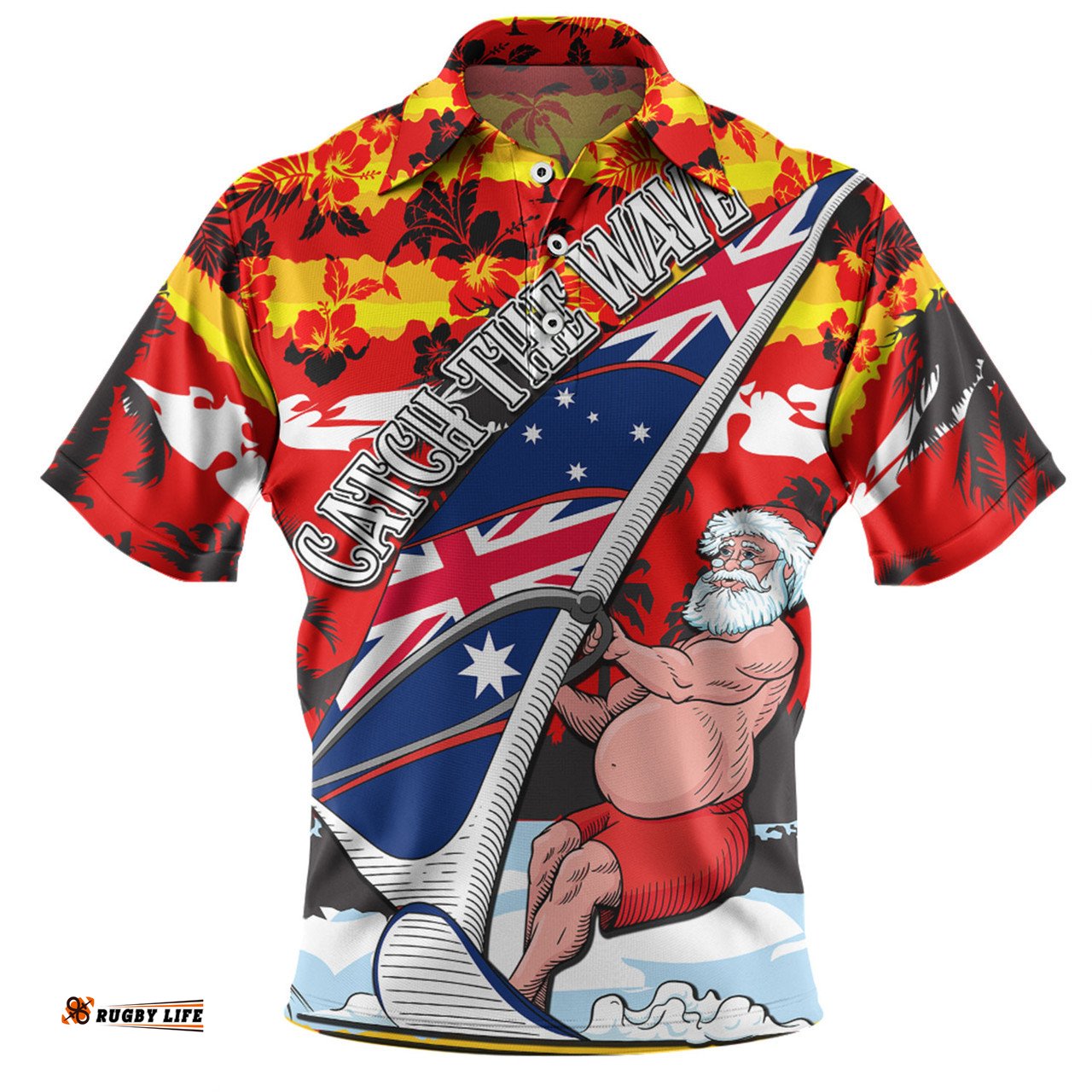 Amazing Aussie Australia Surfing Christmas Tropical Santa Catch The Wave Polo Shirt
