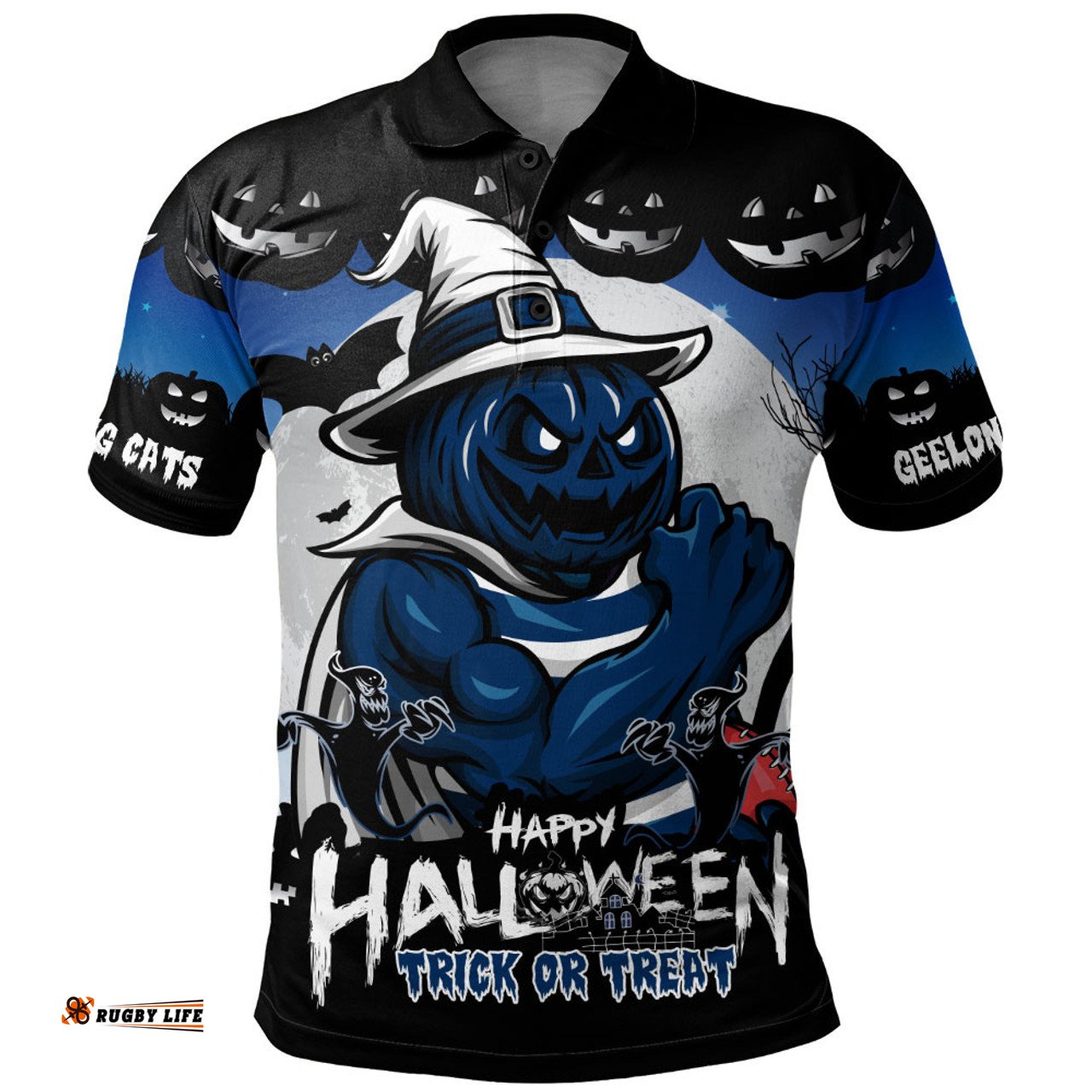 Amazing Aussie Geelong Cats Dark Pumpkin Halloween Spirit Polo Shirt