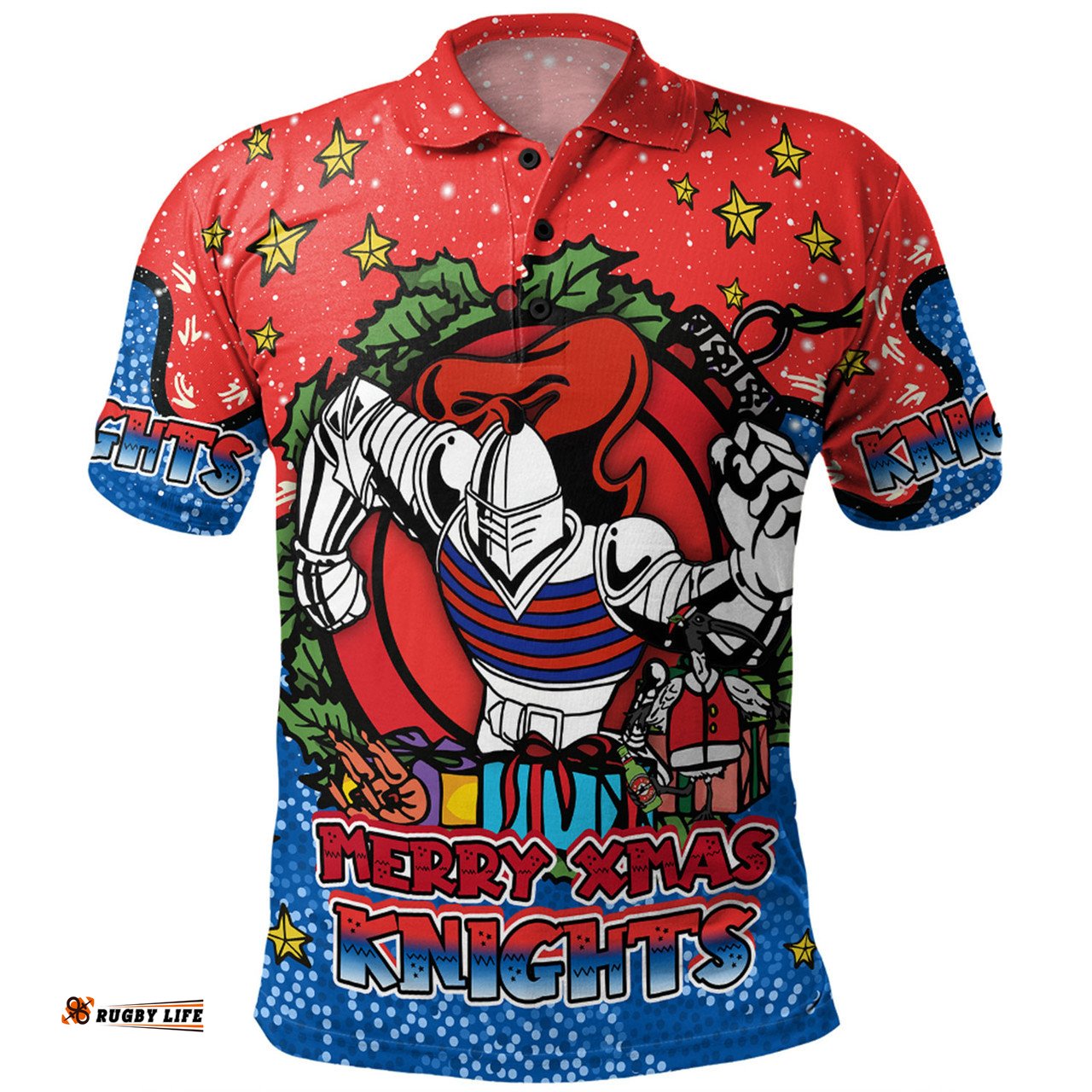 Amazing Aussie Newcastle Knights Christmas Custom Merry Christmas Our Beloved Team With Aboriginal Dot Art Pattern Polo Shirt