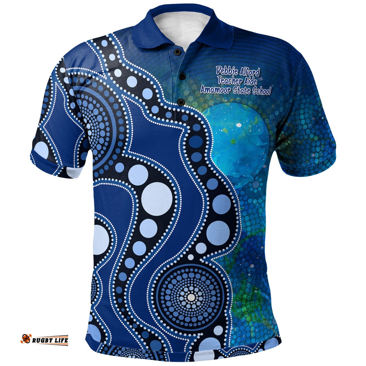 Amazing Aussie (Debbie Alford) Polo Australia Indigenous Flag Circle Dot Painting Art (Blue) Polo Shirt