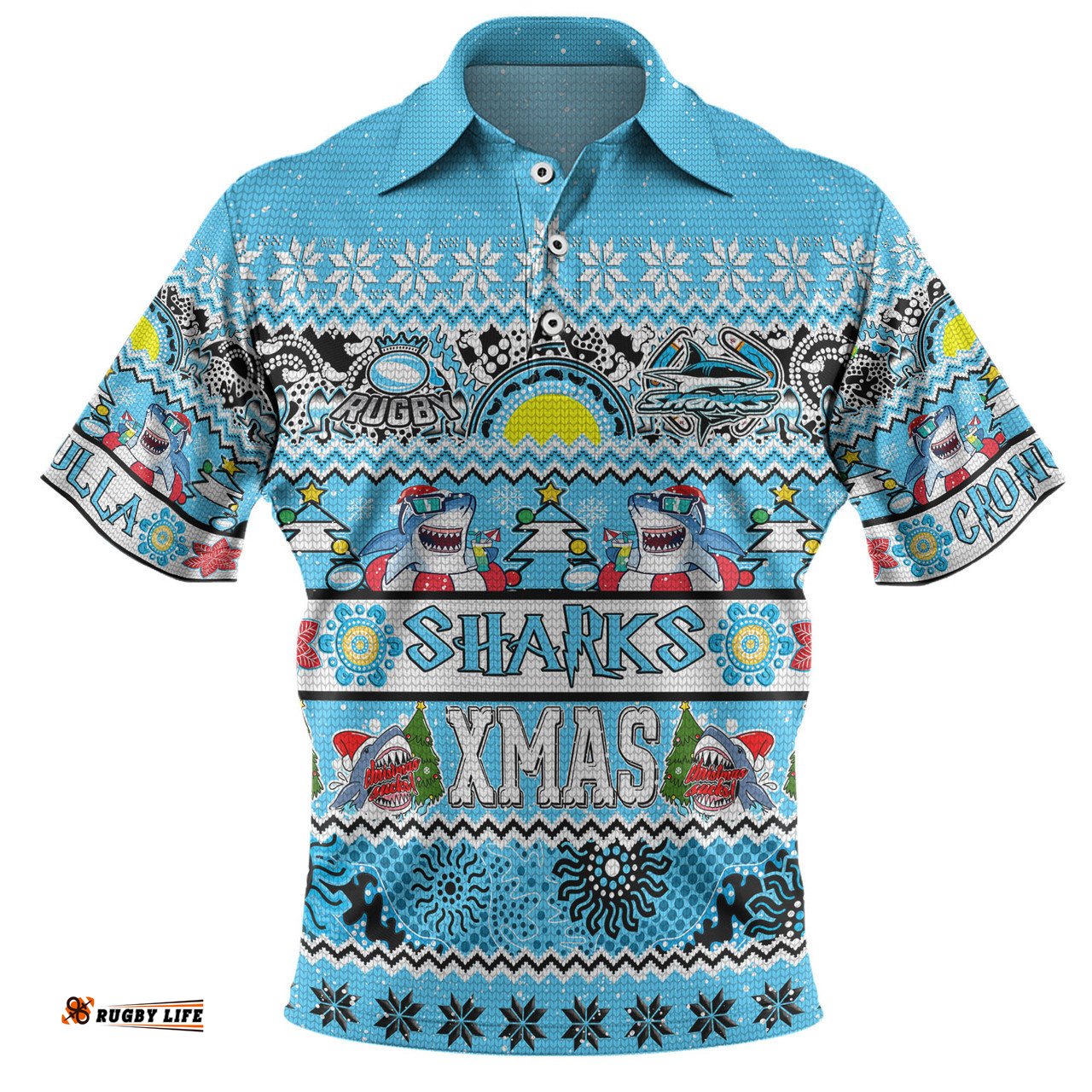 Amazing Aussie Cronulla Sutherland Sharks Christmas Aboriginal Custom Indigenous Knitted Ugly Xmas Style Polo Shirt