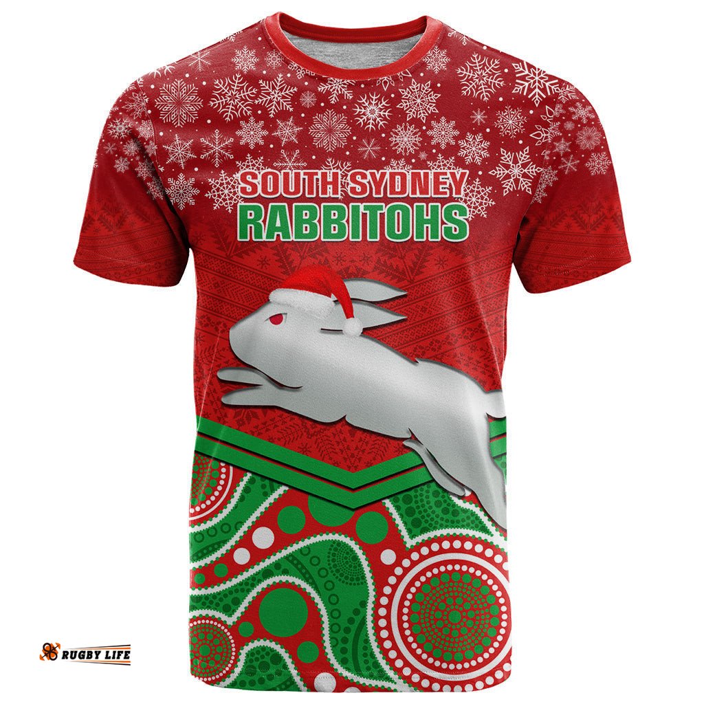 custom rabbitohs rugby christmas t shirt merry xmas 2023 mix aboriginal art