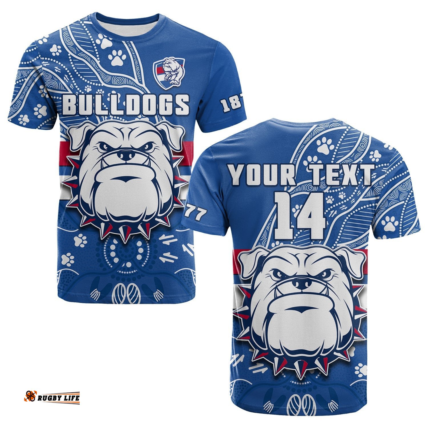 custom text and number bulldogs football t shirt scraggers 1877 aboriginal dot painting newest version