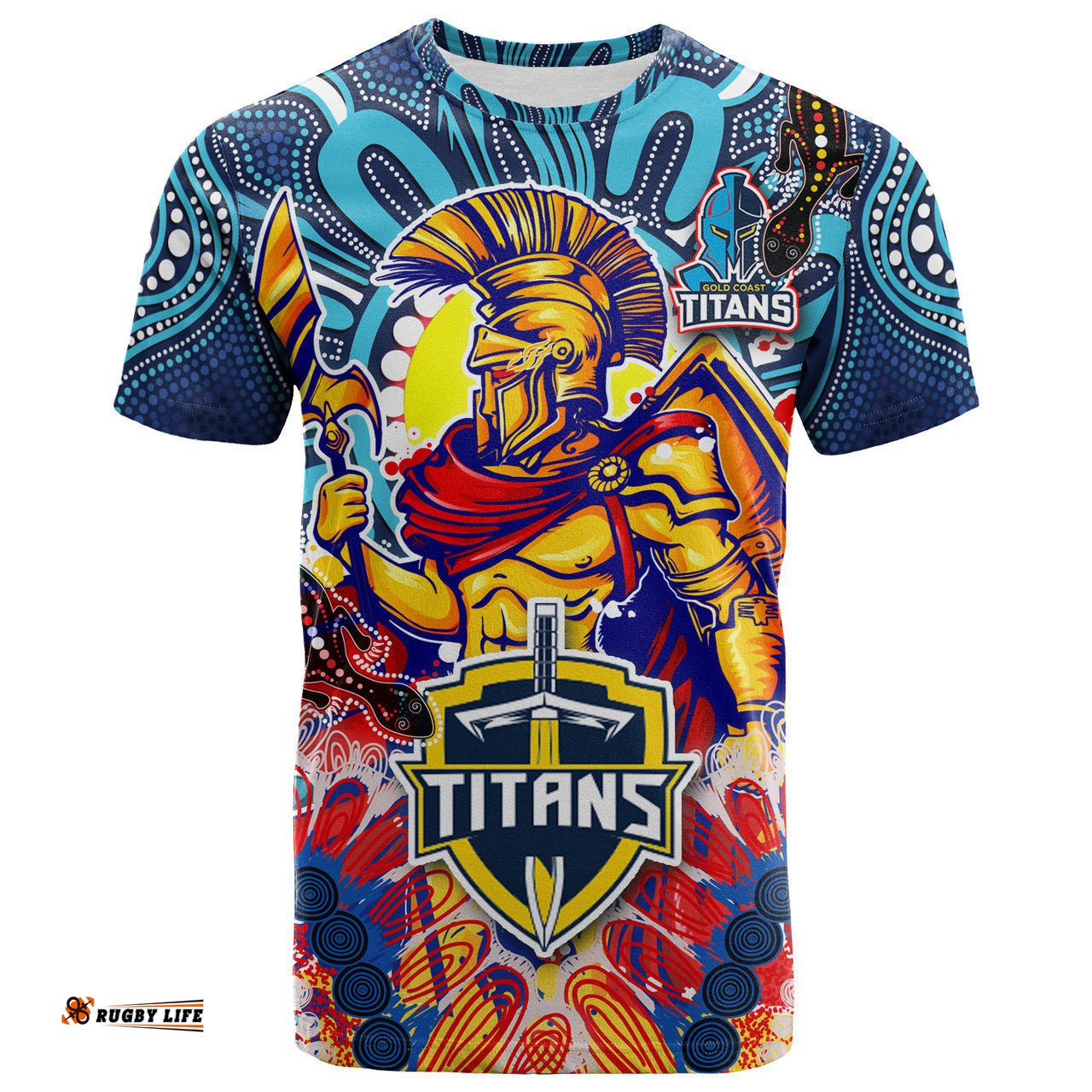 titans aboriginal custom rugby t shirt the indigenous titans warriors with aboriginal lizard and sun