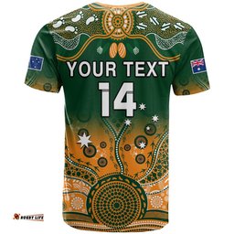 custom text and number australia rugby t shirt aussie sevens green indigenous