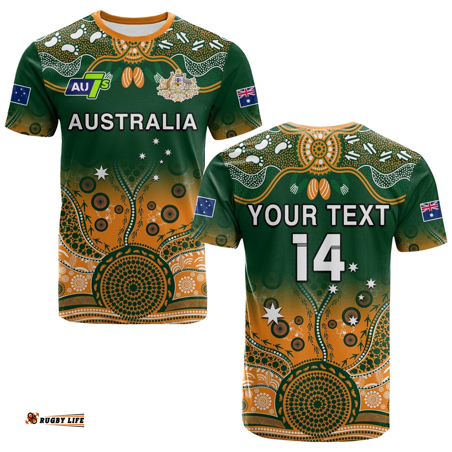 custom text and number australia rugby t shirt aussie sevens green indigenous