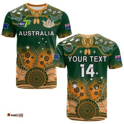 custom text and number australia rugby t shirt aussie sevens green indigenous