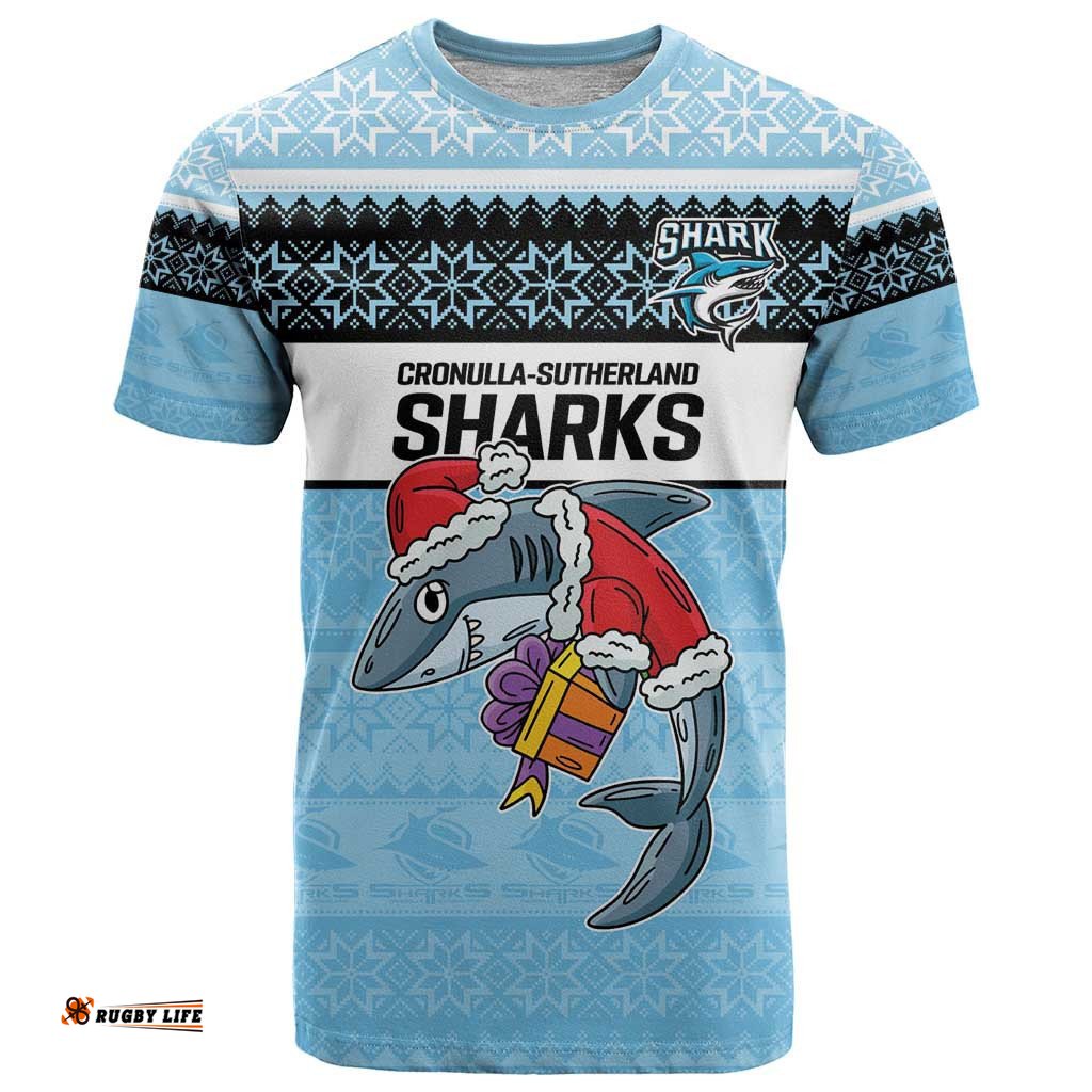 nrl cronulla sutherland christmas personalised t shirt with sharkies santa