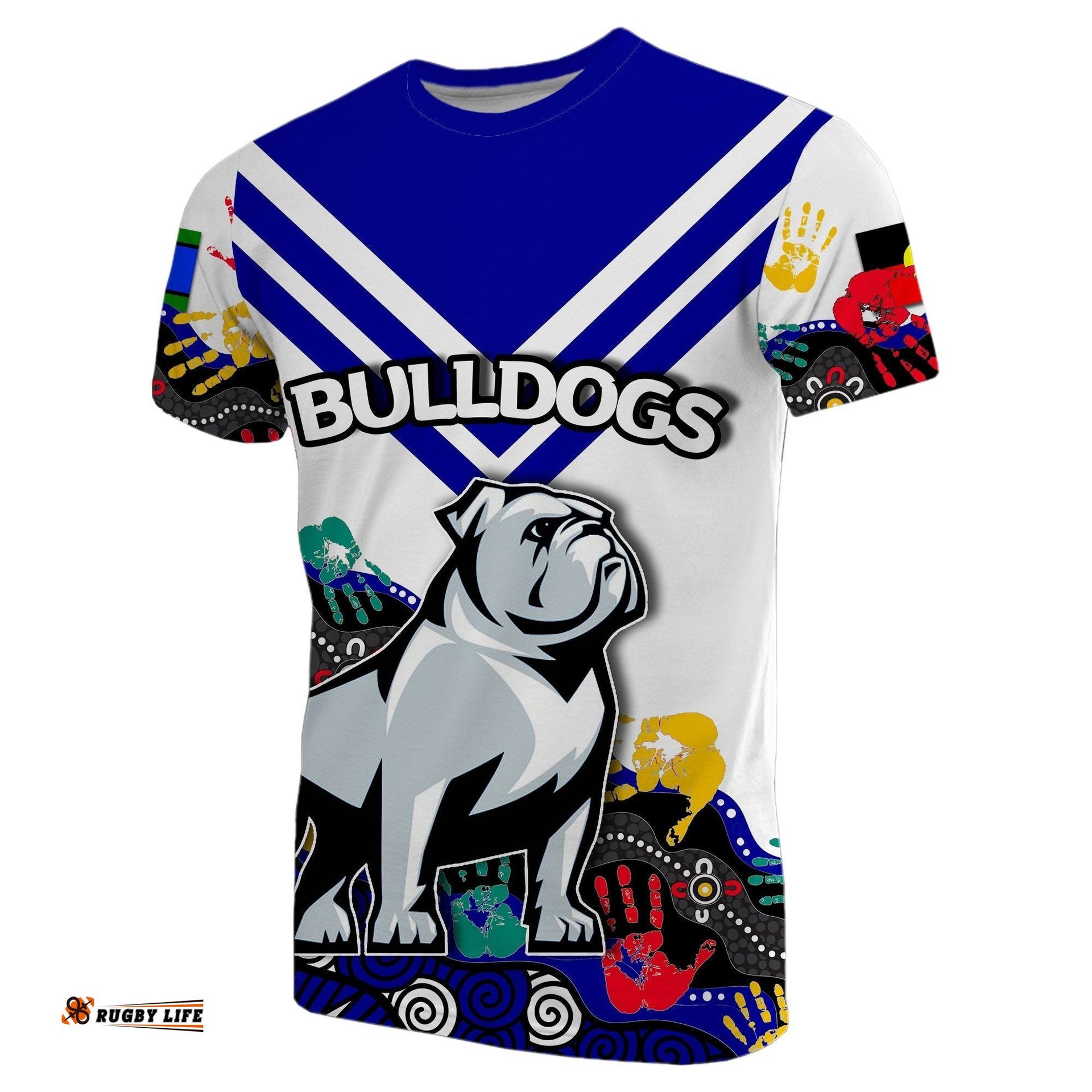 custom personalised naidoc bulldogs all over t shirt aboriginal hand