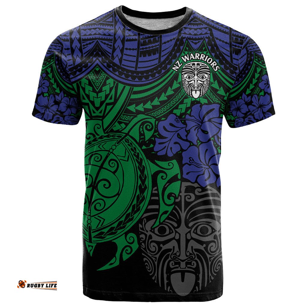 custom new zealand warriors rugby t shirt hibiscus and turtle with polynesian pattern