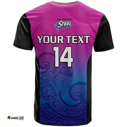 custom text and number aotearoa netball t shirt southern steel 2023 anz premiership