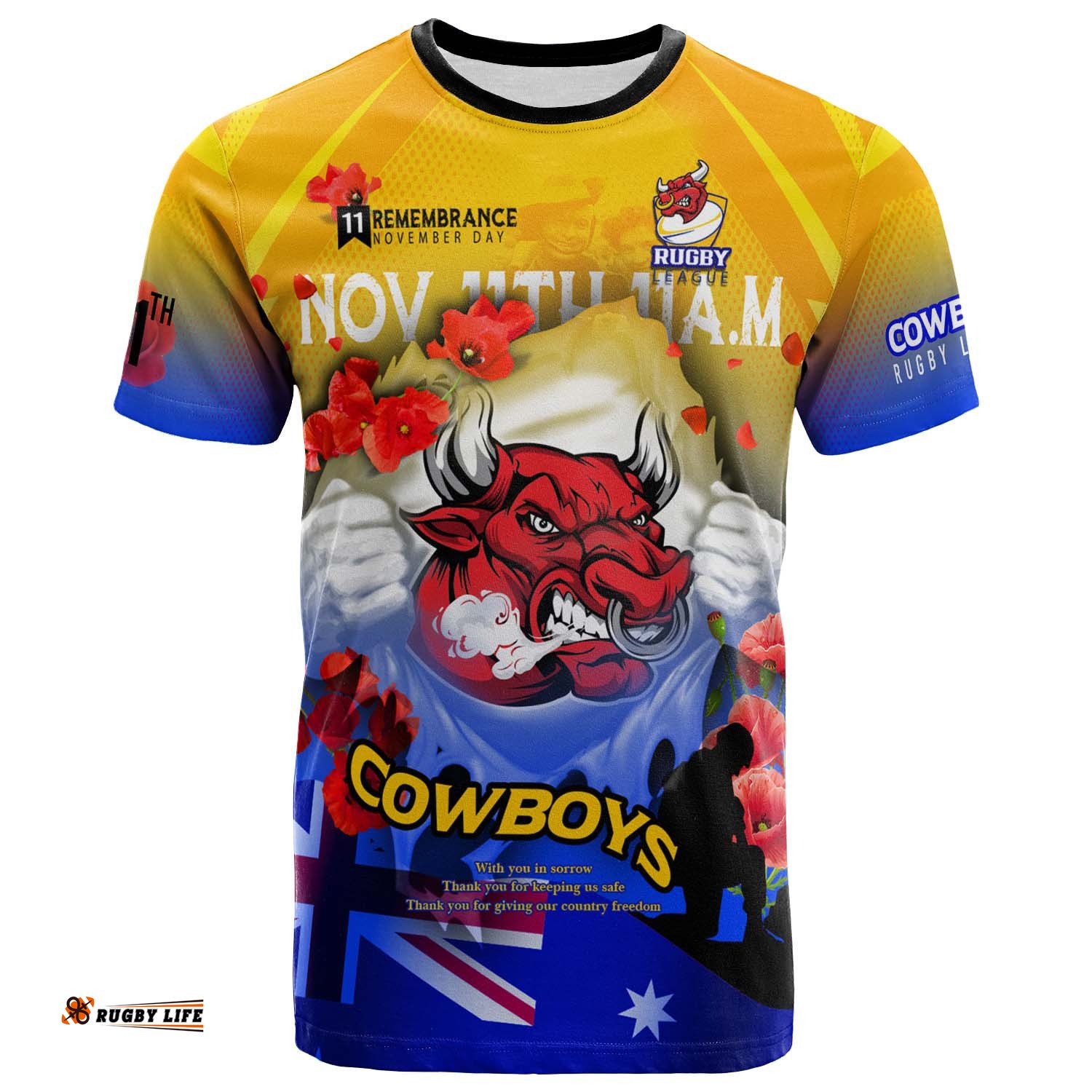 cowboys rugby t shirt custom cowboys remembrance day lest we forget poppies t shirt