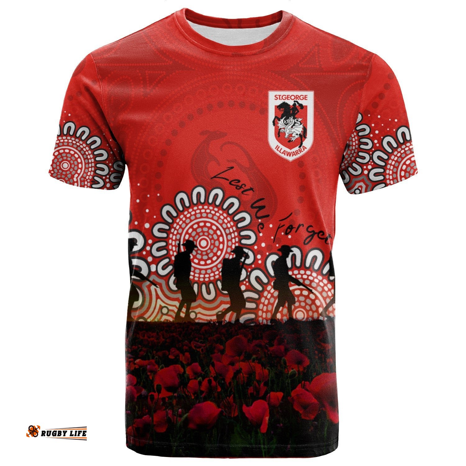 st george illawarra dragons t shirt personalized aboriginal rugby anzac day poppy with soldiers nrl 0