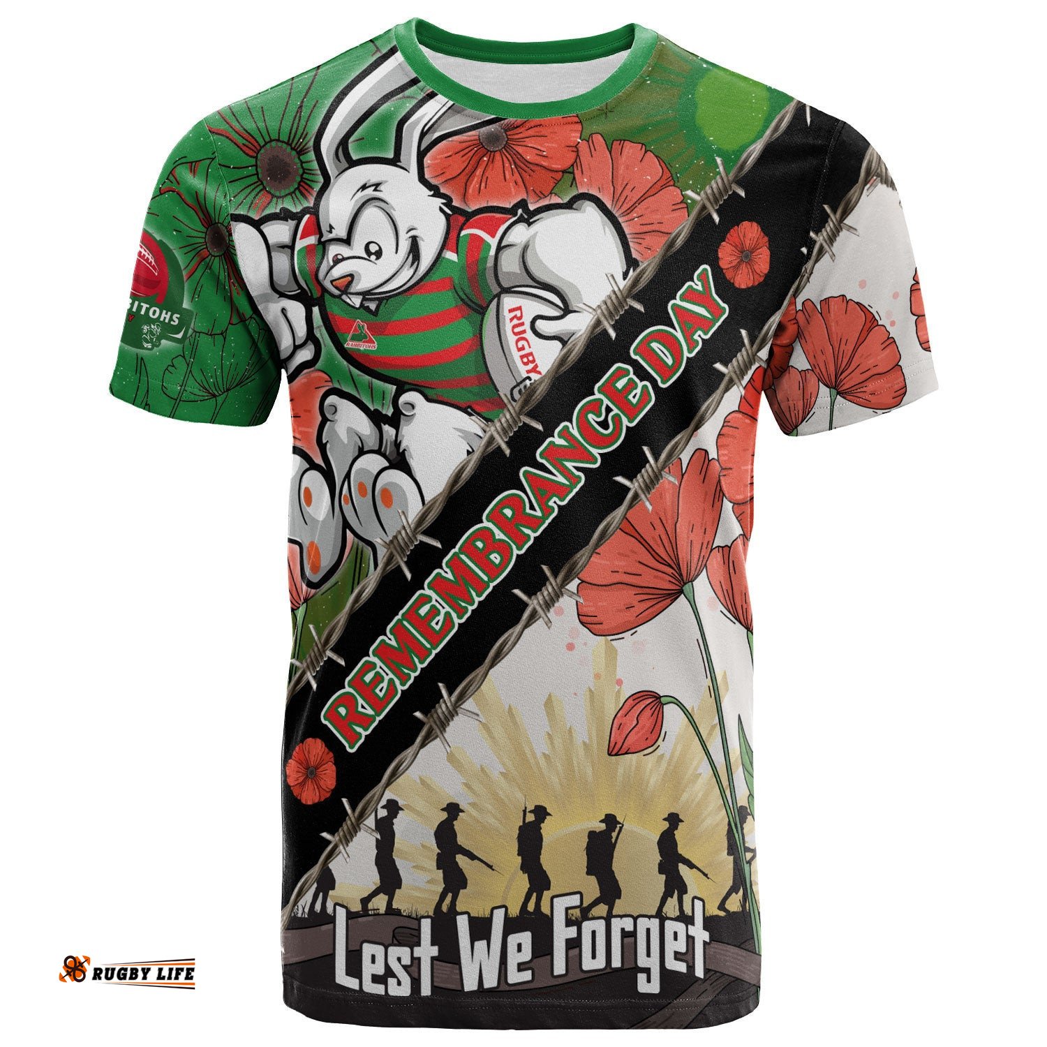 rabbitohs rugby t shirt custom remembrance day lest we forget t shirt