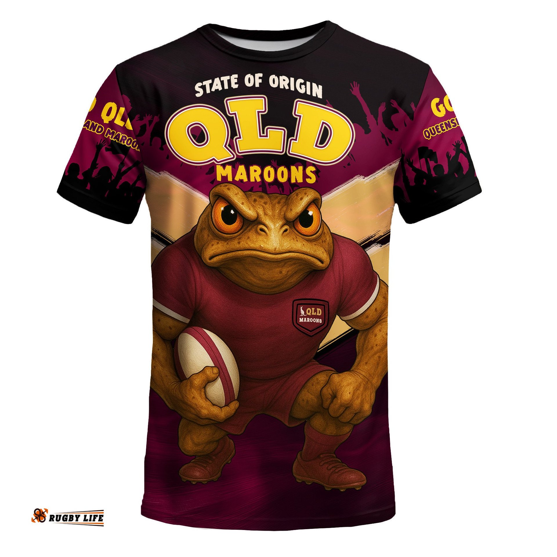Queensland Maroons T-Shirt - Custom State Of Origin Go QLD Maroons Football Cane Toad Mascot T-Shirt