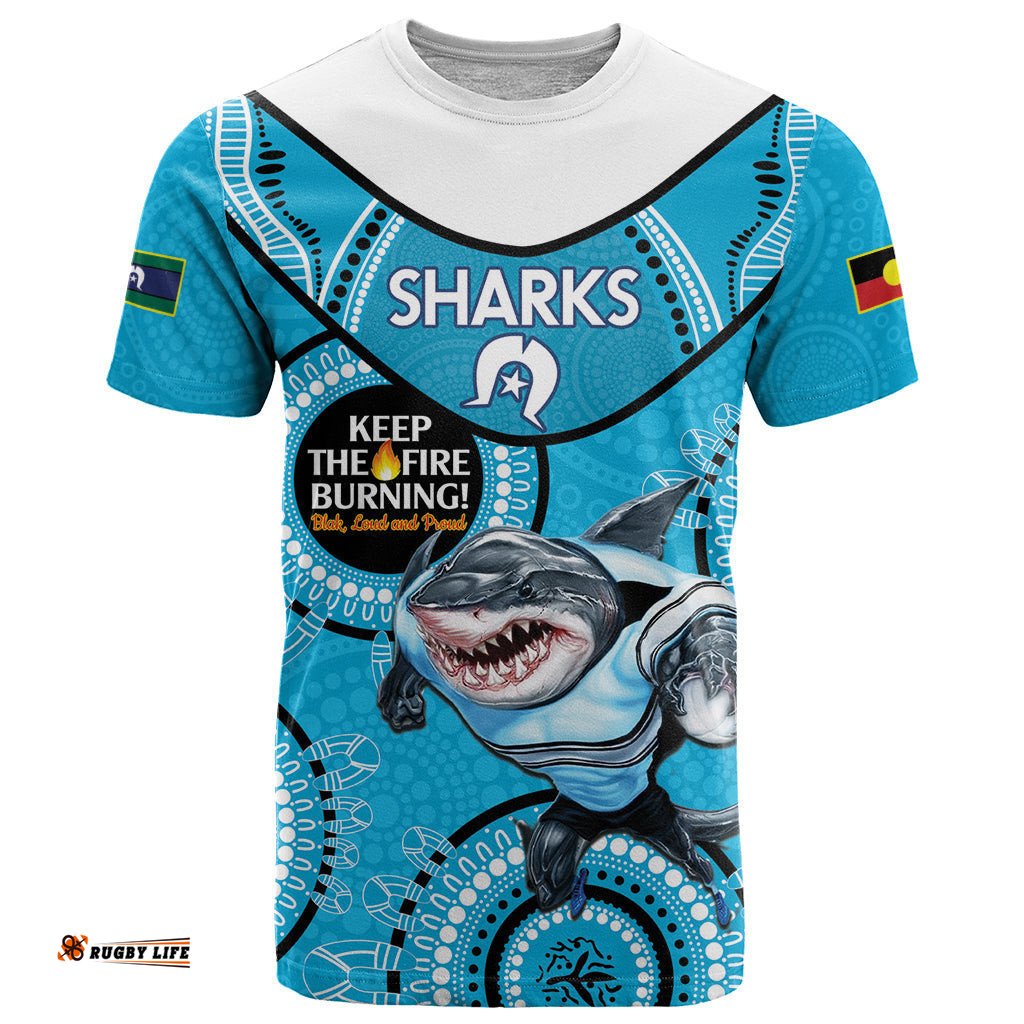 custom nrl sharks naidoc week t shirt keep the fire burning indigenous art