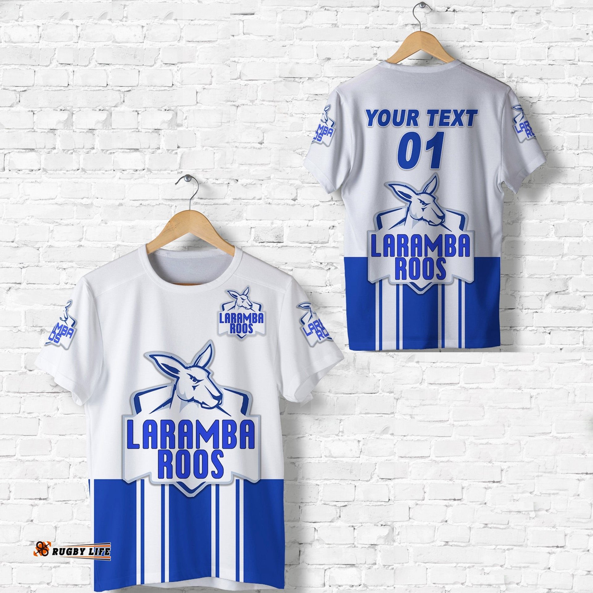 custom personalised laramba roos football club t shirt kangaroos original white custom text and number