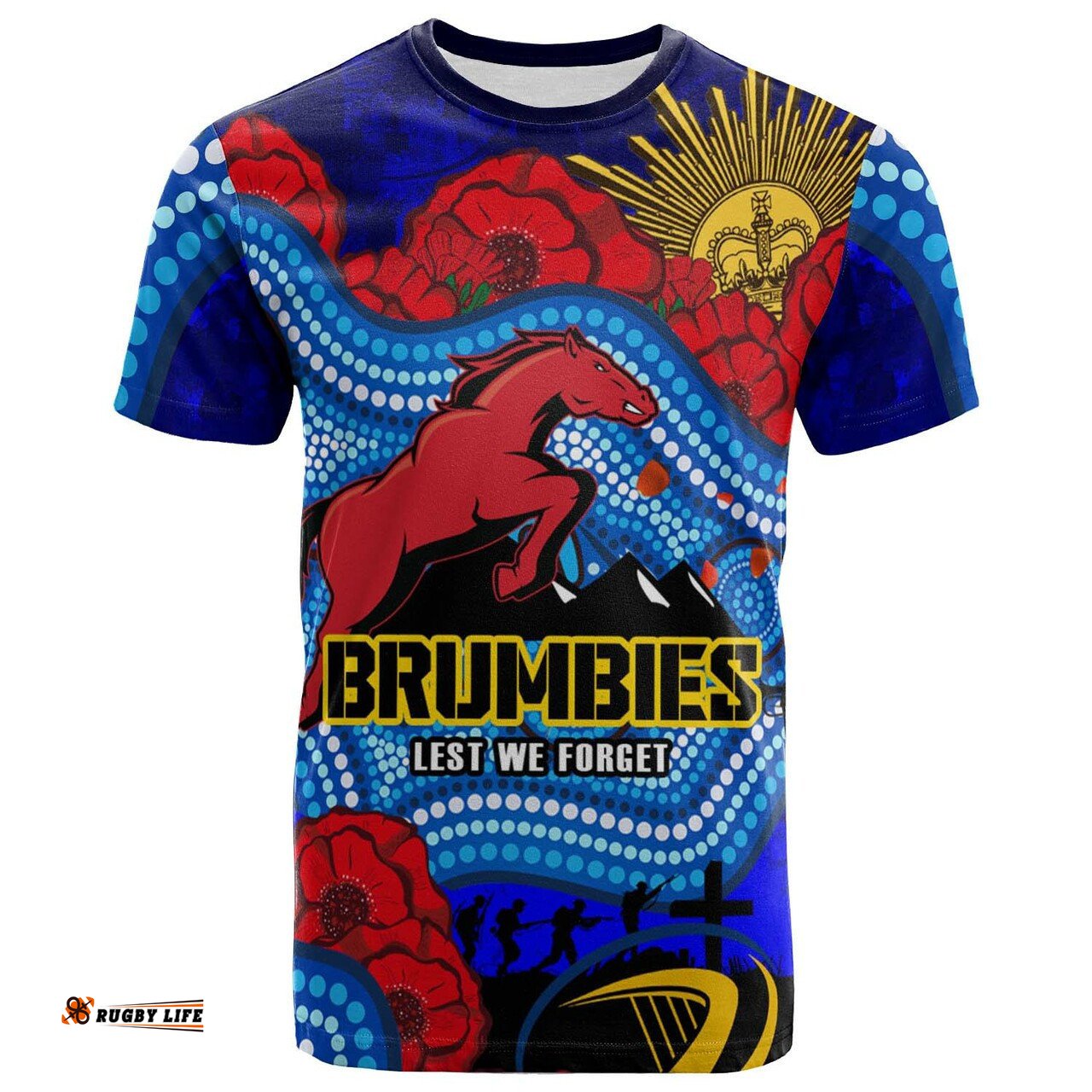 brumbies rugby t shirt custom anzac day brumbies aboriginal pattern with horse and poppy flower