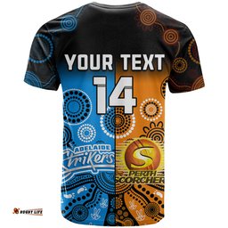 custom text and number perth scorchers and adelaide strikers cricket t shirt aboriginal art