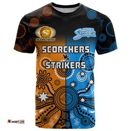 custom text and number perth scorchers and adelaide strikers cricket t shirt aboriginal art