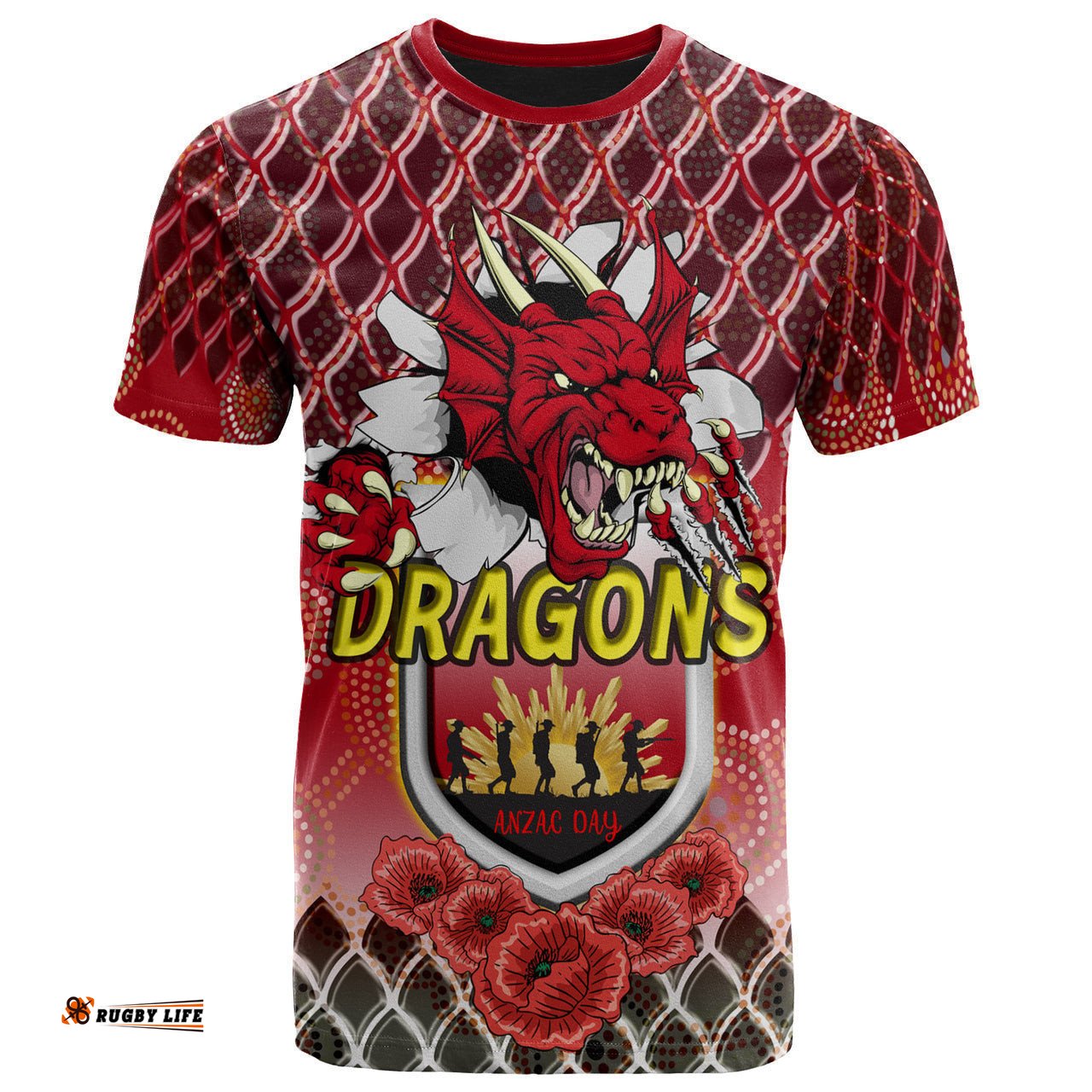 st george illawarra dragons rugby t shirt aboriginal and anzac day with dragons poppy flower patterns t shirt 0