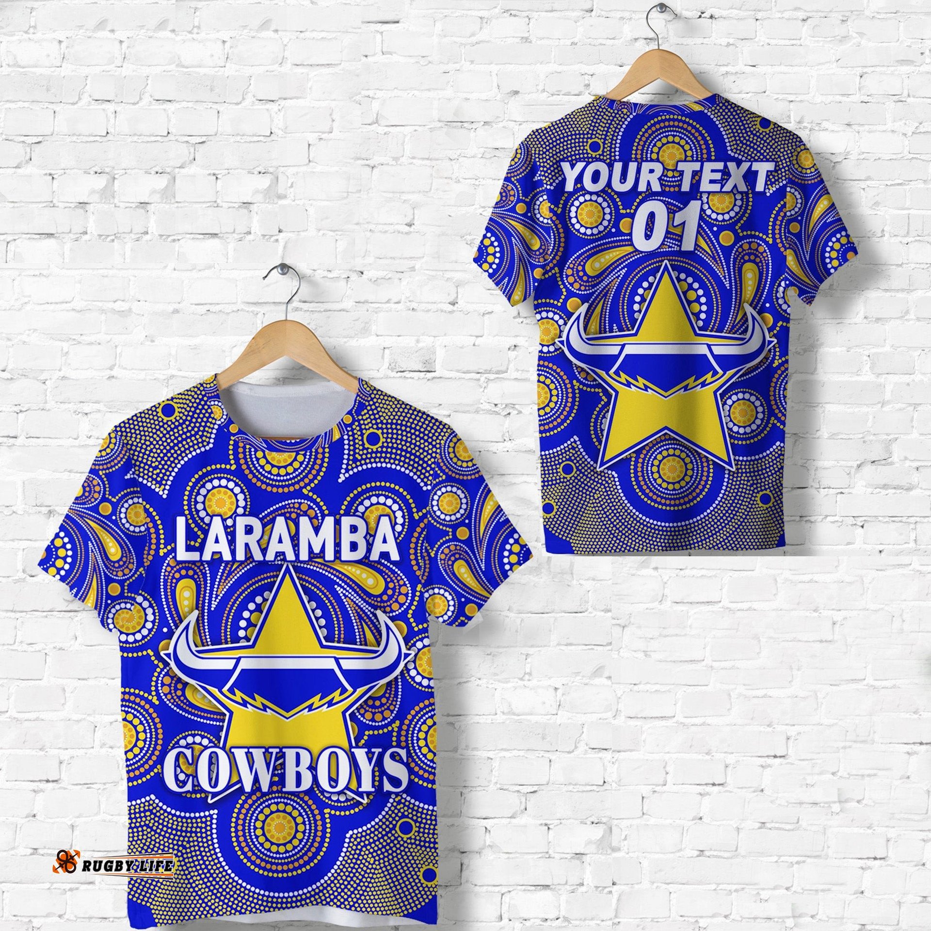 custom personalised laramba cowboys football club t shirt indigenous vibes custom text and number