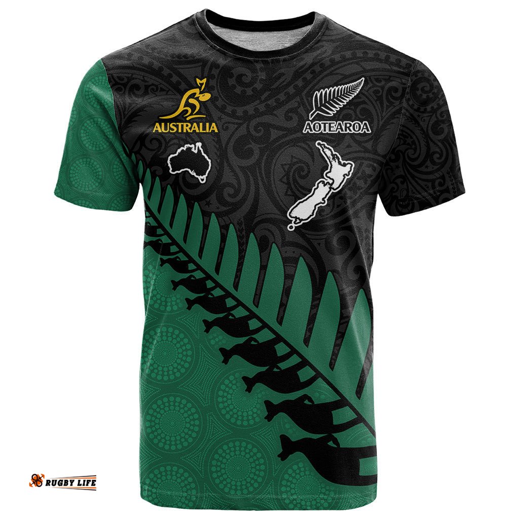 custom australia wallabies and aotearoa rugby t shirt kangaroo black fern maori green vibe