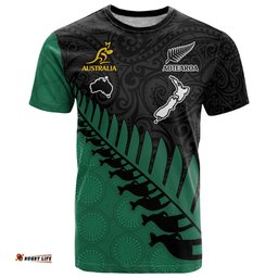 custom australia wallabies and aotearoa rugby t shirt kangaroo black fern maori green vibe