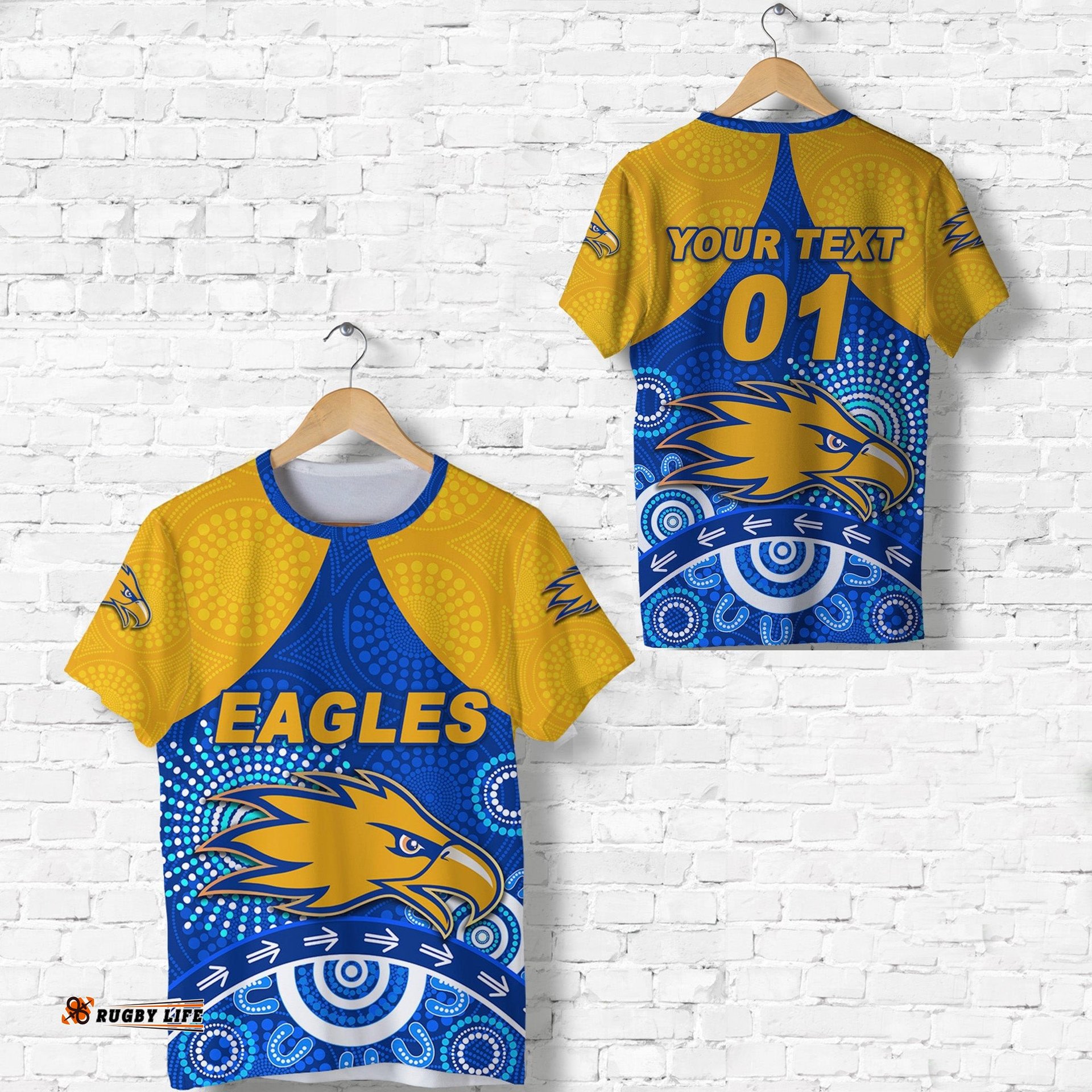 custom personalised west coast eagles t shirt indigenous version blue custom text and number