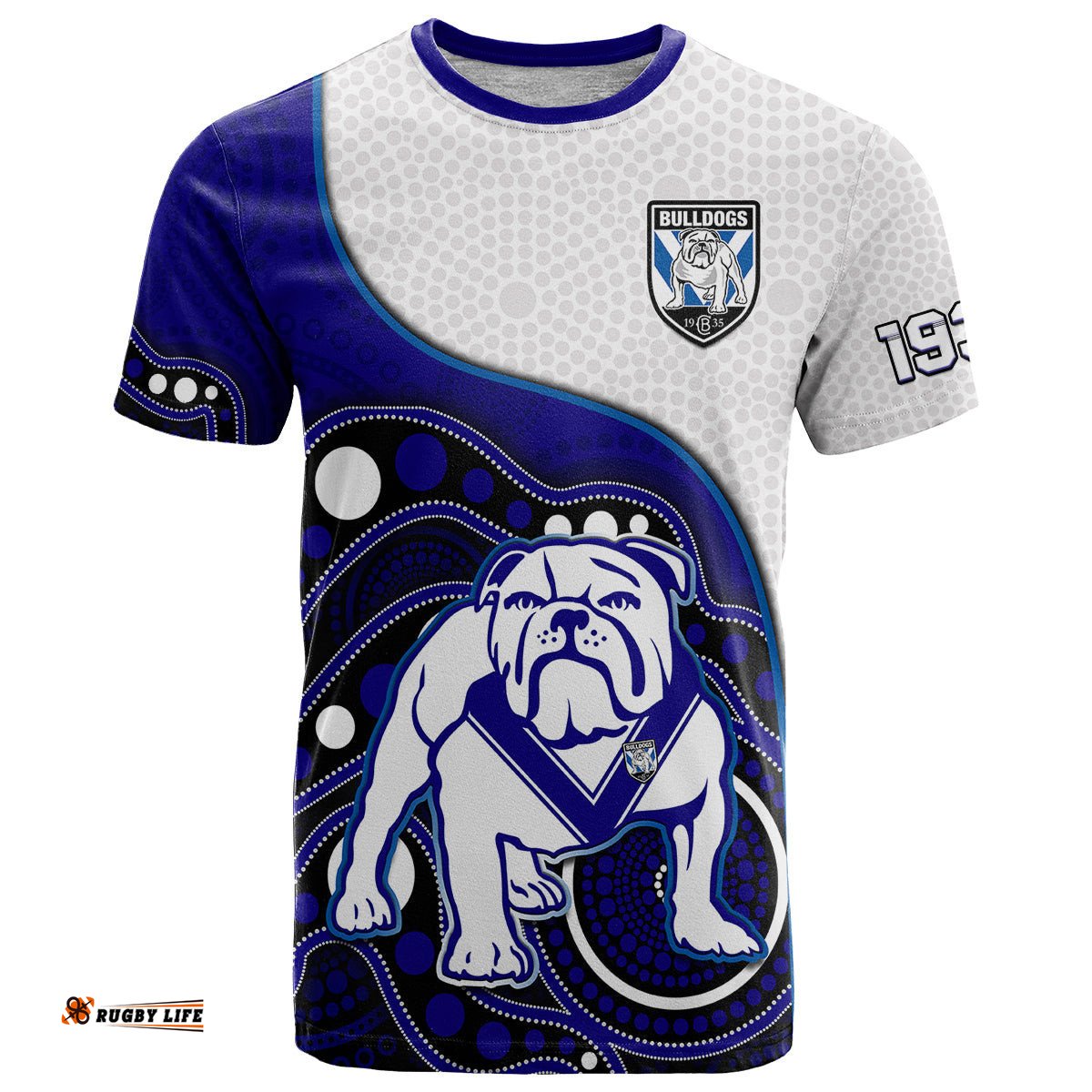 custom text and number bulldogs rugby t shirt go doggies indigenous art