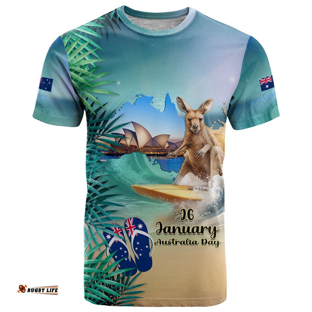 australia day 2024 t shirt kangaroo go surfing aussie map tropical style