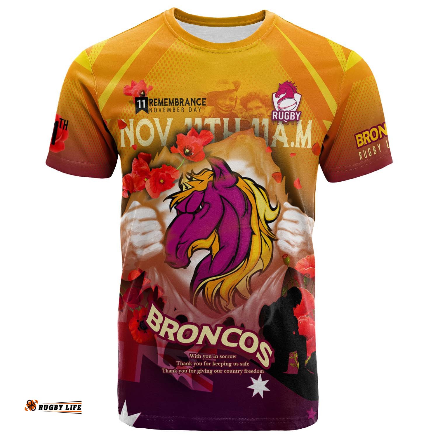 broncos rugby t shirt custom broncos remembrance day lest we forget poppies t shirt