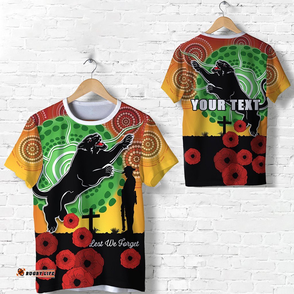 custom personalised panthers anzac day t shirt mix indigenous lest we forget