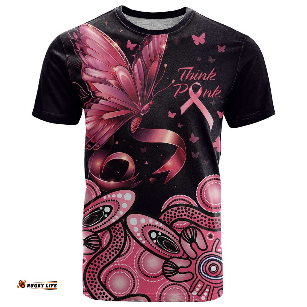 think pink butterfly ribbon aboriginal art t shirt