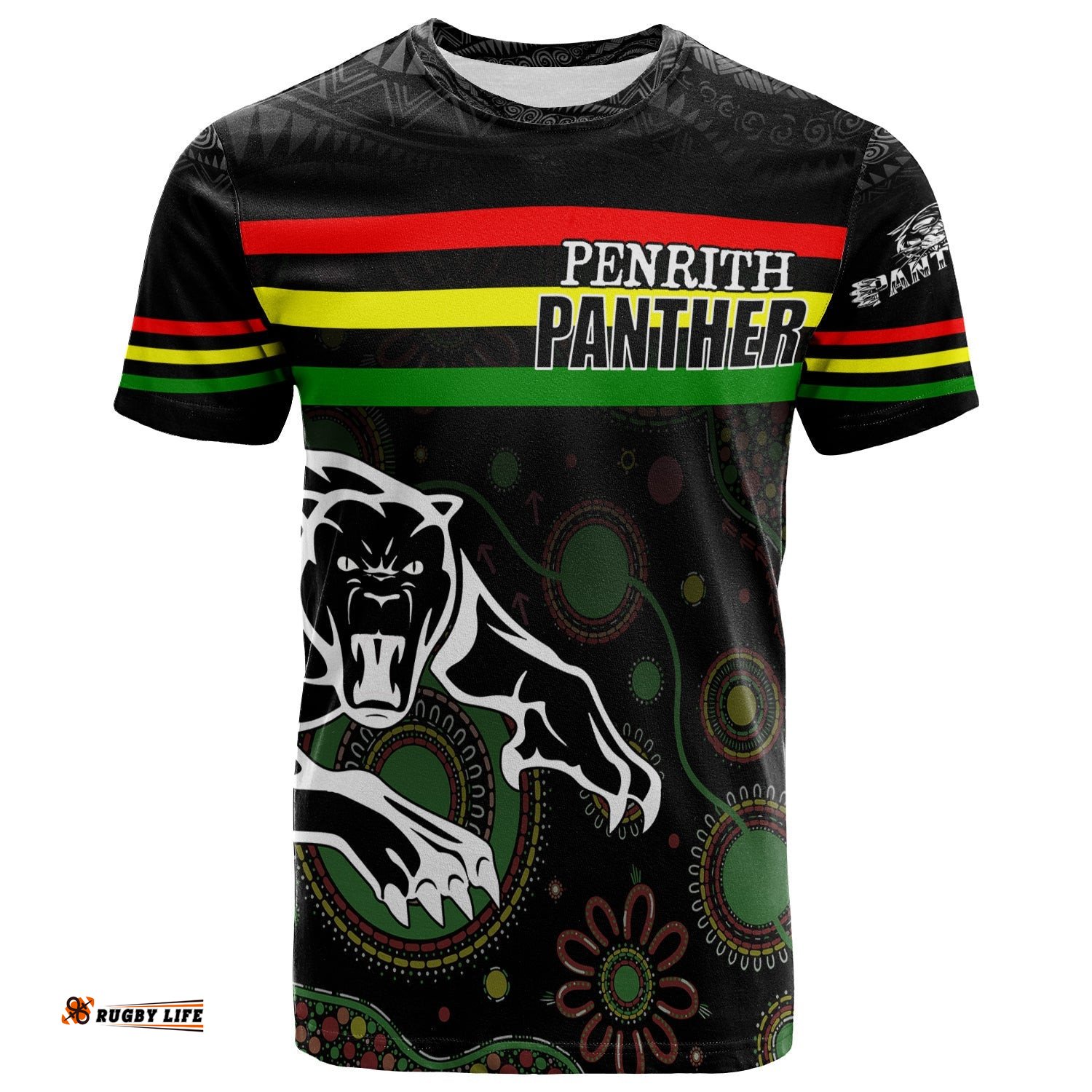custom personalised penrith black panther t shirt aboriginal art with abstract pattern