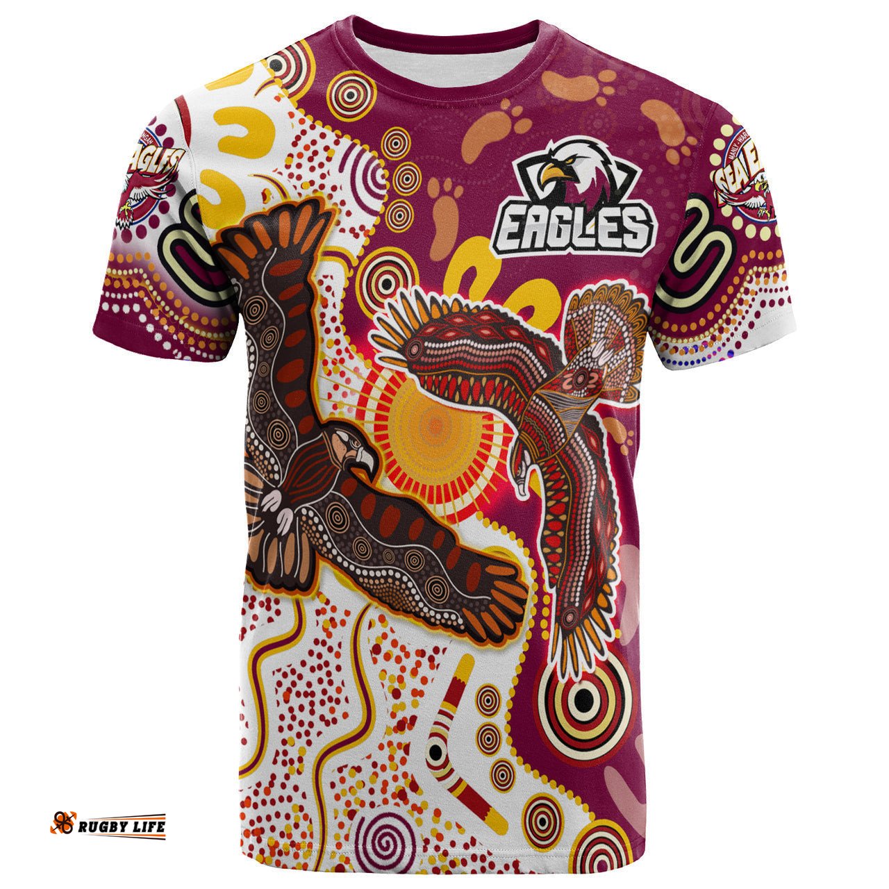 sea eagles aboriginal rugby custom t shirt double sea eagles with tribal sun and footprints