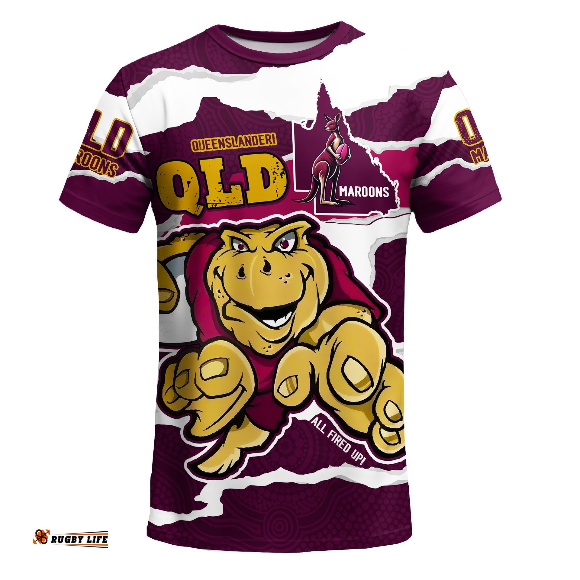Queensland Maroons T-Shirt Indigenous - Custom State Of Origin QLD Maroons Queenslander All Fired Up T-Shirt